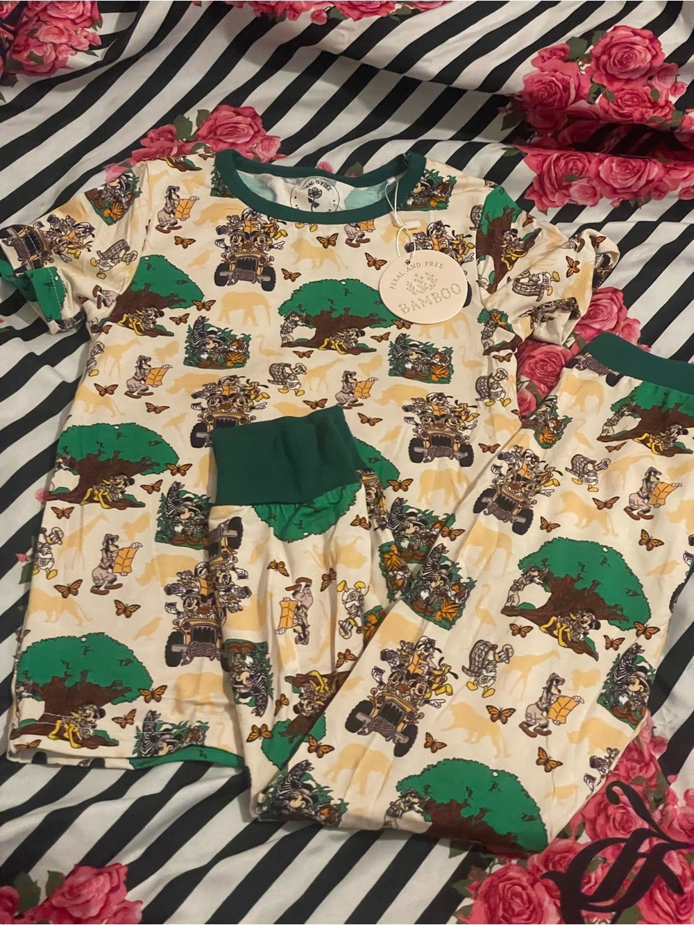 BAMBOO Safari & Tree Print Pajama Set in Green and Cream